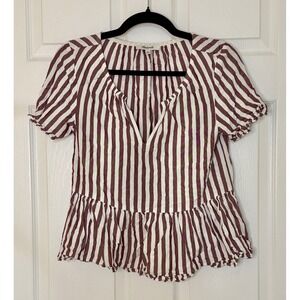 Madewell Peplum Top Women XXS Burgundy Striped V-Neck Ruffle Sleeve